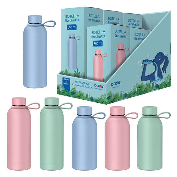 Dohe Expositor de 6 Botellas Reutilizables 3x 500ml y 3x 350ml - Acero Inoxidable de Doble Pared - Libre de BPA - Tapon Hermetico Antigoteo de Acero I 1