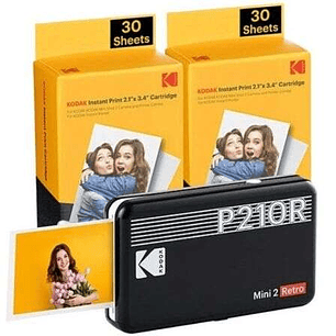 Kodak Mini 2 Retro Pack de Impresora Fotografica Portatil Bluetooth + 60 Hojas de Papel Fotografico - Formato de Impresion 5,3x8,6cm - Alimentacion po