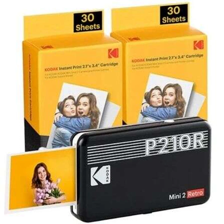 Kodak Mini 2 Retro Pack de Impresora Fotografica Portatil Bluetooth + 60 Hojas de Papel Fotografico - Formato de Impresion 5,3x8,6cm - Alimentacion po 1