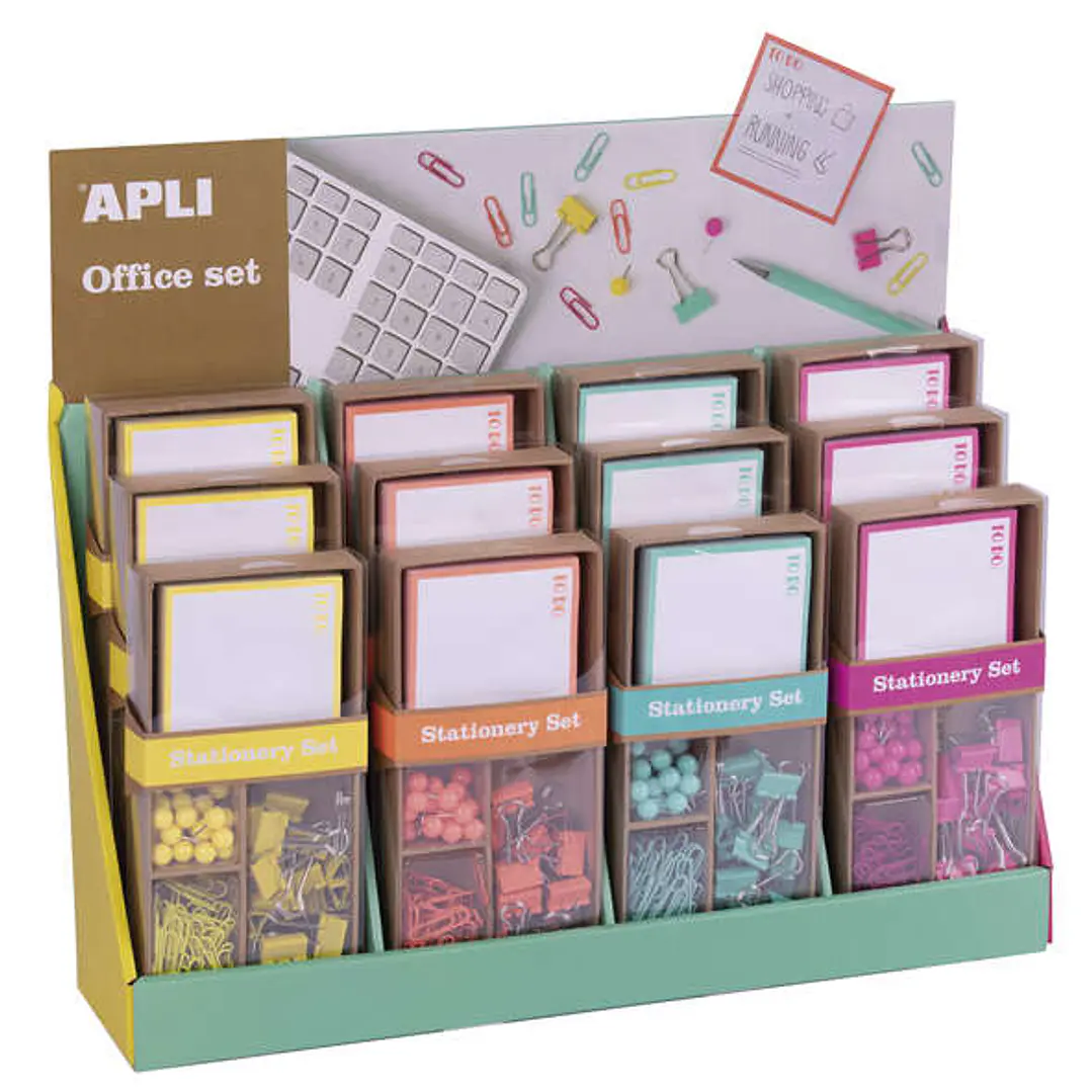 Apli Fluor Collection Expositor de Productos Basicos - Colores Surtidos Fluor - Diseño Moderno - 12 Sets de 25 Pins, 80 Clips de 28mm, 20 Pinzas Abati 1