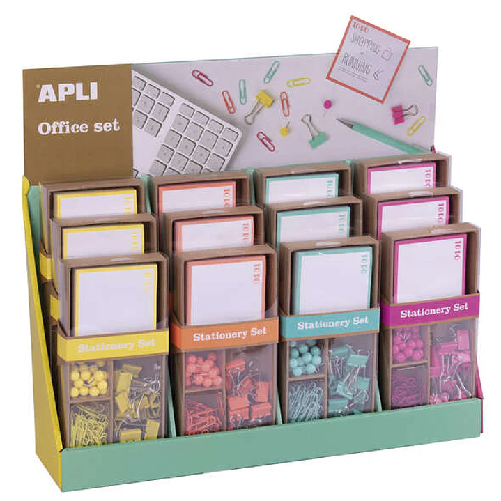 Apli Fluor Collection Expositor de Productos Basicos - Colores Surtidos Fluor - Diseño Moderno - 12 Sets de 25 Pins, 80 Clips de 28mm, 20 Pinzas Abati 1