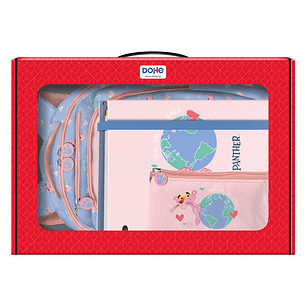Dohe Pack Mochila, Carpeta y Portatodo Pink Panther - Maletin Regalo 365x515x105mm - Carpeta A4 Recambio - Mochila 3 Compartimentos Grande - Portatodo