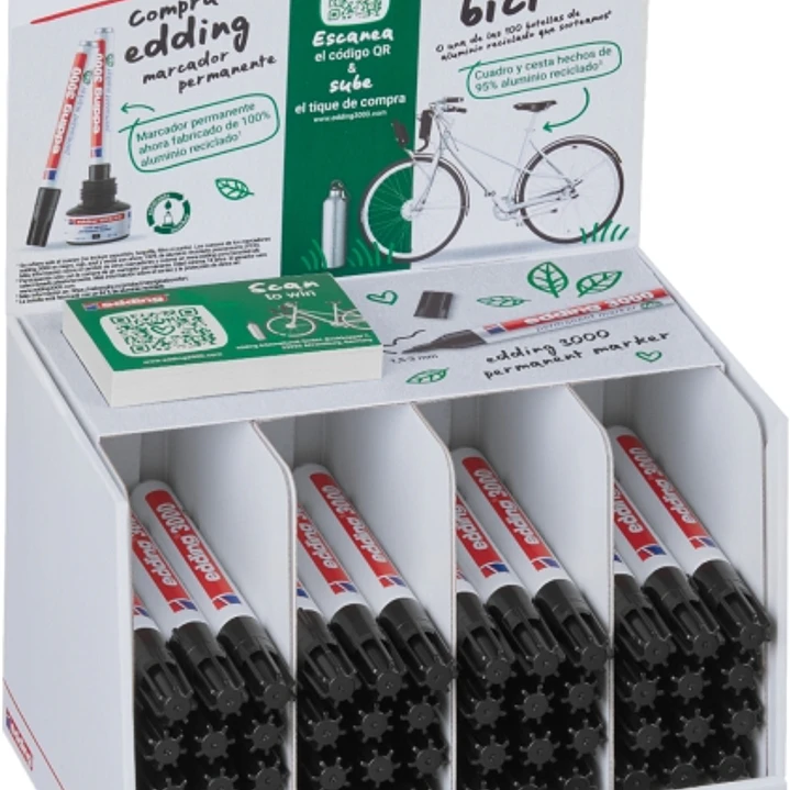 Edding 3000 Expositor con 48 Rotuladores Permanentes - Punta Redonda de 1.5mm - Trazo entre 1.5 y 3mm - Recargable - Secado Rapido - Color Negro 1