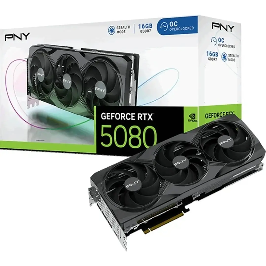 PNY GeForce RTX 5080 Tarjeta Grafica 16GB GDDR7 Overclocked Triple Fan Reflex 2 AI NVIDIA DLSS4 1