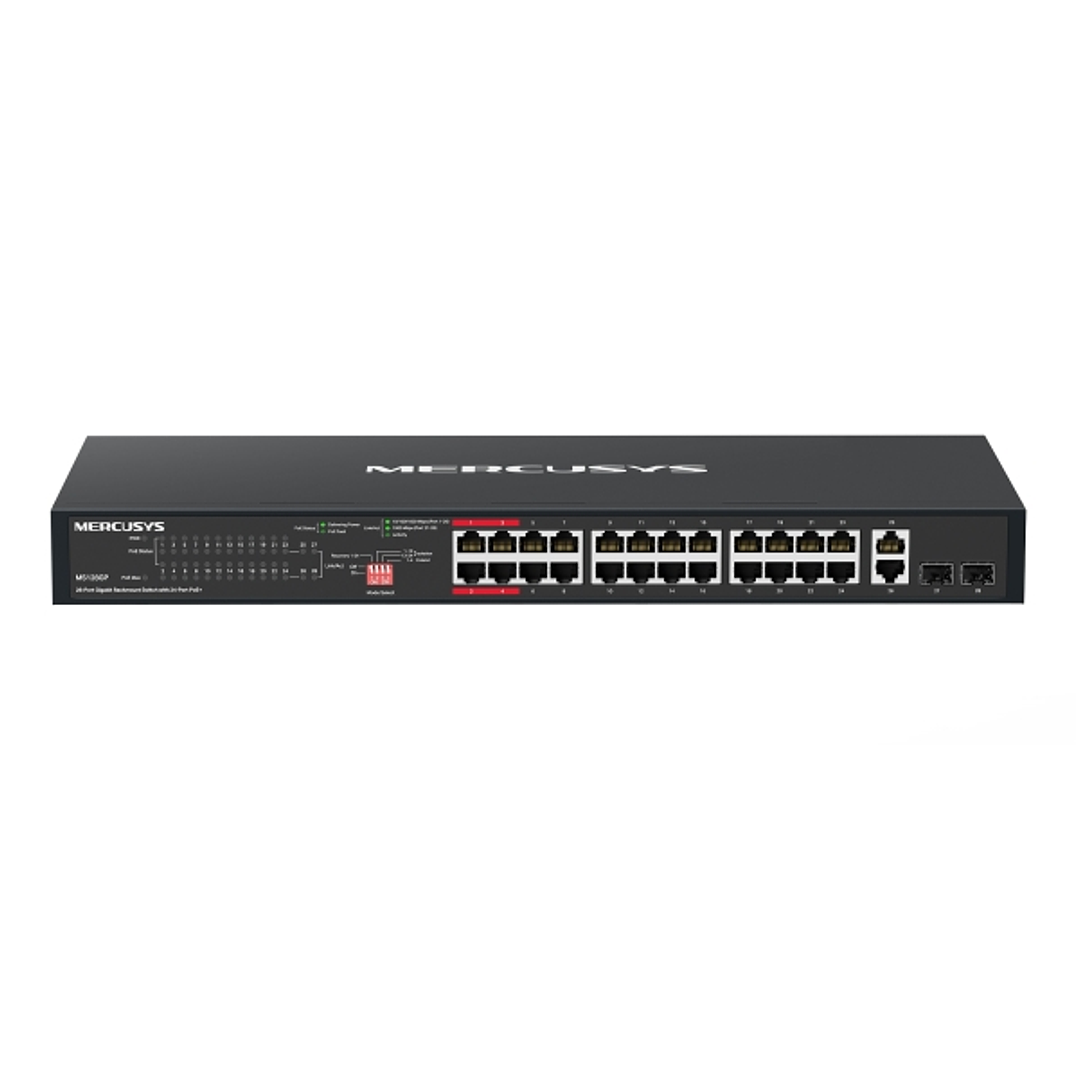 Mercusys MS128GP Switch 28 Puertos Gigabit RJ45 10/100/1000Mbps - 24 Puertos PoE+ - Plug & Play - Montaje en Esctritorio o Rack - Color Negro 1