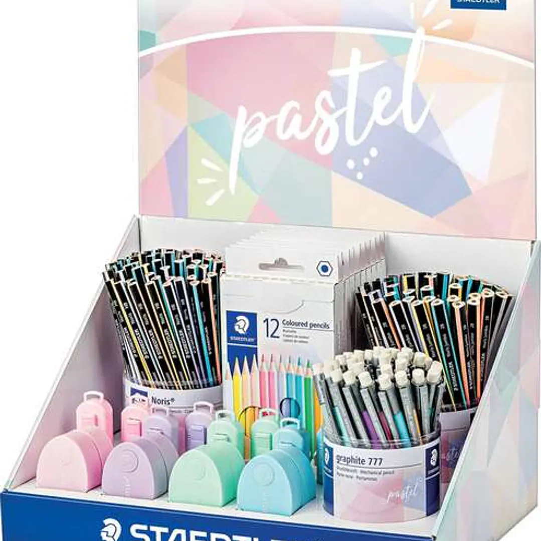 Staedtler Expositor con 182 Piezas Surtidas - Modelos Lapices Noris 118, Lapices Noris 119, Portaminas Graphite 777, Estuches 146 C, Gomas 525 PS1, Af 1