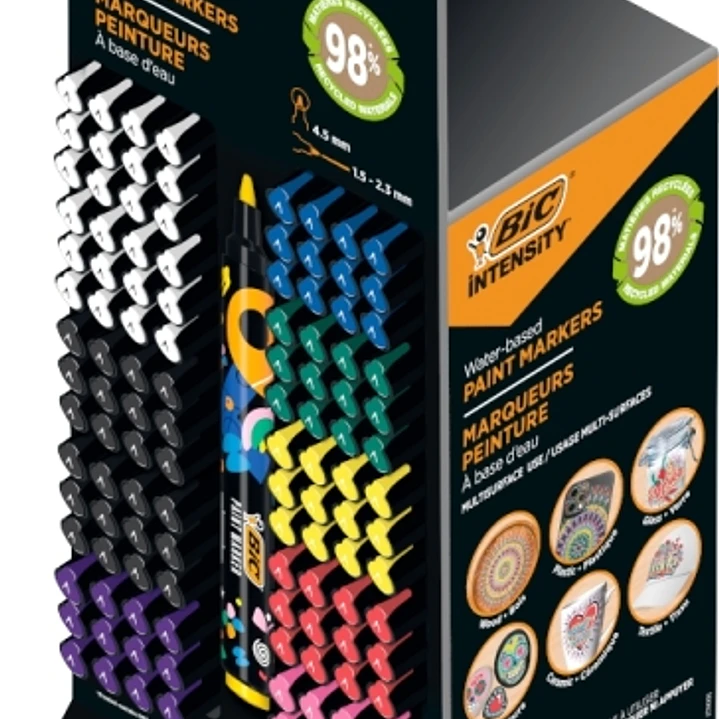 Bic Intensity Expositor de 120 Marcadores de Pintura - Punta Media - Tinta con Base de Agua - 98% de Materiales Reciclados - Colores Vivos Surtidos 1