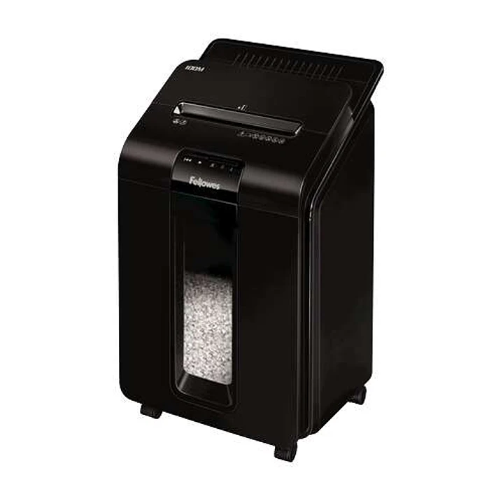 Fellowes AutoMax 100M Destructora de Papel Automatica Minicorte P-4 - Autoalimentacion 100 Hojas, Manual 10 Hojas - Papelera de 23L - Color Negro 1