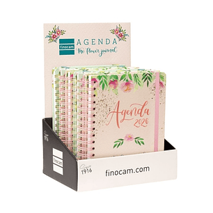 Finocam Flower Journal Expositor con 8 Agendas de Espiral Surtidas en Catalan - Anual 2026 - Tapa Dura - Cierre de Goma - Color Surtidos