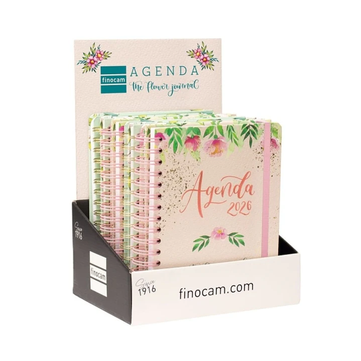 Finocam Flower Journal Expositor con 8 Agendas de Espiral - Anual 2026 - Tapa Dura - Cierre de Goma - 1 Dia por Pagina - Color Surtidos 1