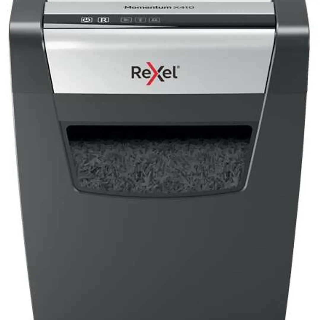 Rexel Momentum X410 Destructora de Papel Manual Corte Confeti P-4 - Destruye hasta 10 Hojas - Capacidad de la Papelera 23L - Color Negro/Plata 1