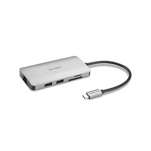 Kensington Hub 8 en 1 Conexion USB-C - Puertos: 3x USB 3.2, 1x USB-C PD hasta 85W, 1x HDMI 2.0, Lector SD y MicroSD - Color Plata