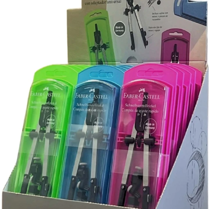 Faber-Castell Expositor de 15 Compases de Ajuste con Tornillo Central - Articulaciones en ambos Brazos - Adaptador Universal - Bote con Minas 1