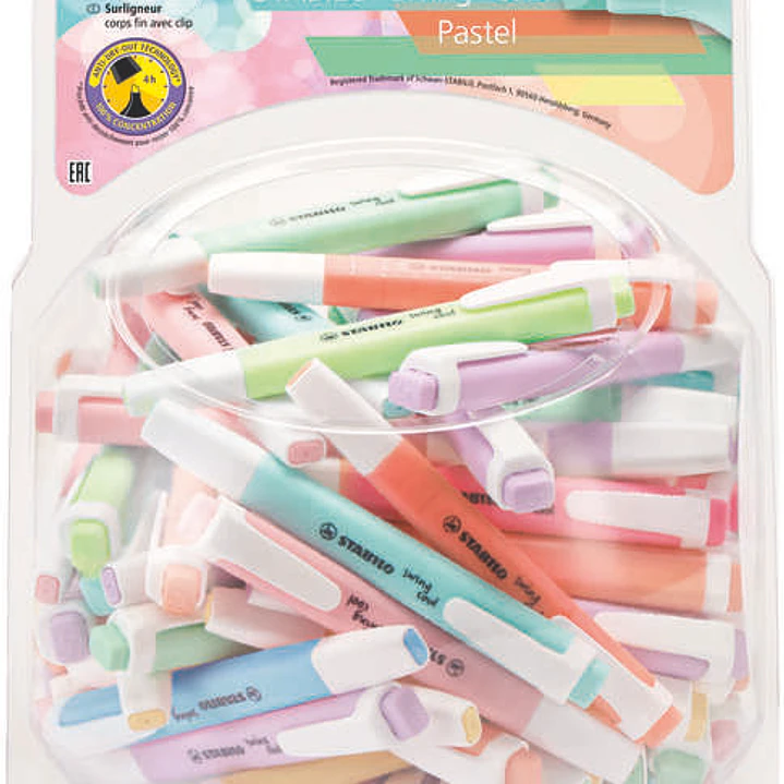 Stabilo Swing Cool Pastel Expositor de 100 Marcadores Fluorescentes - Cuerpo Plano - Punta Biselada - Trazo entre 1 y 4mm - Tinta con Base de Agua - C 1