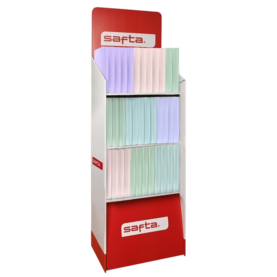 Safta Expositor con 36 Carpetas de Anillas - Material Reciclado - Incluye 100 Hojas - Hojas de 90g/m2 - Separadores - Solapa para Documentos - 3 Estan 1