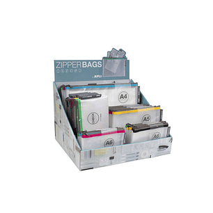 Apli Expositor de Zipper Bags - 80 Unidades en 4 Medidas Surtidas - 5 Colores Resistentes - Goma Eva Transparente de Alta Calidad