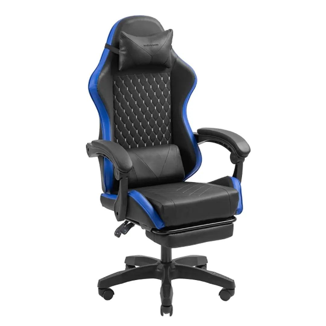 Mars Gaming MGC-X Silla Gaming Ergonomica - Reposapies Extensible - Cojines Lumbar y Cervical - 660x540x1250mm - Acabado en Cuero PU - Color Negro y A 1