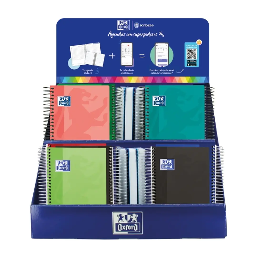 Oxford Basicos Expositor de 38 Agendas Escolares 25/26 Espiral - Incluye Agendas de Dia Pagina y Semana Vista - Diseños Surtidos 1