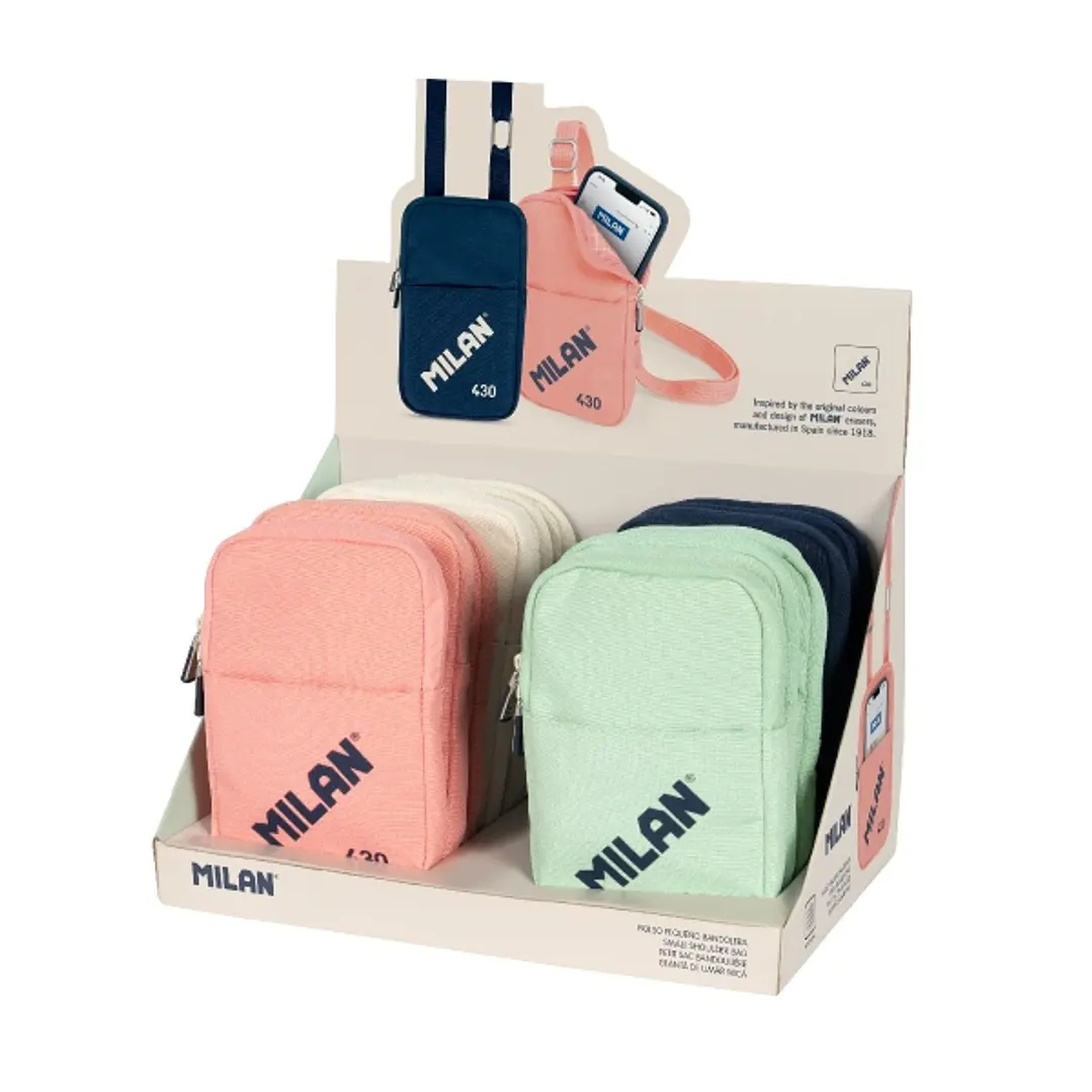 Milan Coleccion 430 Expositor con 12 Bolsos Pequeños Bandolera - Tamaño Bolso 19x2.3x12.8cm - Cierre de Cremallera - Mosqueton de Aluminio - Colores S 1