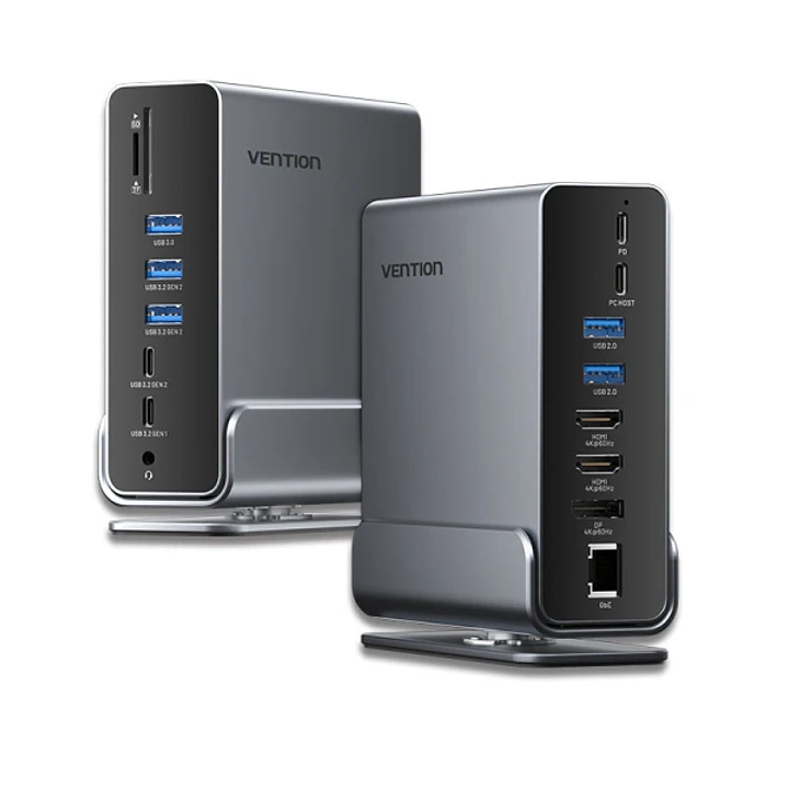 Vention Docking Station 15 en 1 USB-C a DisplayPort/2xHDMI/USB-C 3.2 Gen2/USB-C 3.2 Gen1/2xUSB 3.2 Gen2/USB3.0/2xUSB2.0/RJ45/SD/TF/3.5mm TRRS/PD 100W  1