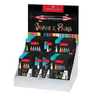 Faber-Castell Shake & Paint Black Edition Expositor con 36 Estuches Surtidos de Rotuladores Acrilicos Doble Punta - Puntas Redondas de 1mm y 3mm - Tin