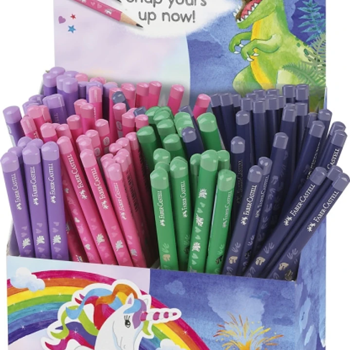 Faber-Castell Expositor de 120 Lapices de Grafito HB - Diseños con Motivos de Dinosaurios y Unicornios - Colores Surtidos 1