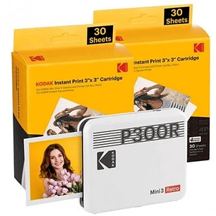 Kodak Mini 3 Retro Pack de Impresora Fotografica Portatil Bluetooth + 60 Hojas de Papel Fotografico - Formato de Impresion 7.62x7.62cm - Alimentacion 
