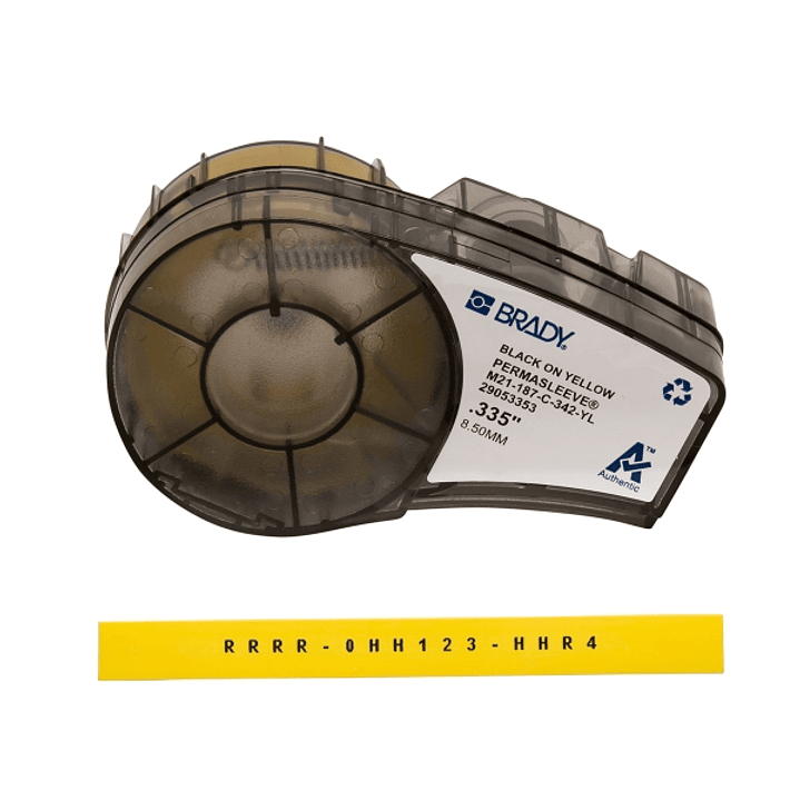 Brady M21-187-C-342-YL Cinta de Etiquetas Original Termocontractiles PermaSleeve - Texto Negro sobre Fondo Amarillo - Ancho 8,51mm x 2,1m 1