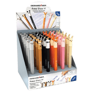 Eberhard Faber Animal Erase It! Expositor con 36 Boligrafos Borrables Tinta Gel Azul - Trazo 0.7mm - Capuchon con Formas de Animales - Tacto Soft