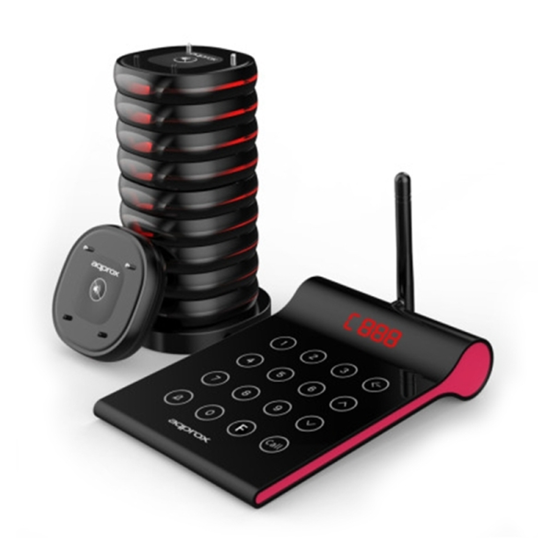 Approx Customer Caller Kit Avisador de Clientes - Base de Carga - 10 Unidades - 400m Alcance - Transmisor con Teclado Tactil - Color Negro 1