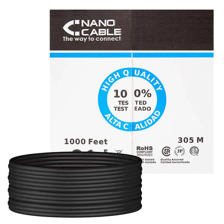 Nanocable Bobina de Cable de Red Rigido Impermeable para Exterior RJ45 Cat.6 UTP AWG24 305m - Color Negro 1