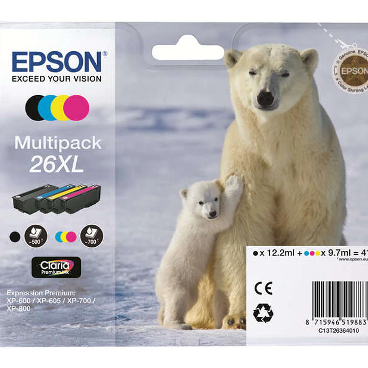 Epson T2636 (26XL) Pack de 4 Cartuchos de Tinta Originales - C13T26364010 1