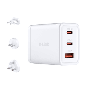 D-Link Cargador de Pared GaN de 65W - 2 USB-C y 1 USB-A - Conectores Intercambiables - Color Blanco
