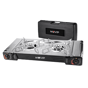 Muvip Cocina de Gas Portatil 2 Fuegos - Doble Bombona - Encendido Automatico - Quemador de Aluminio - Valvula de Doble Sellado - Proteccion Contra Sob