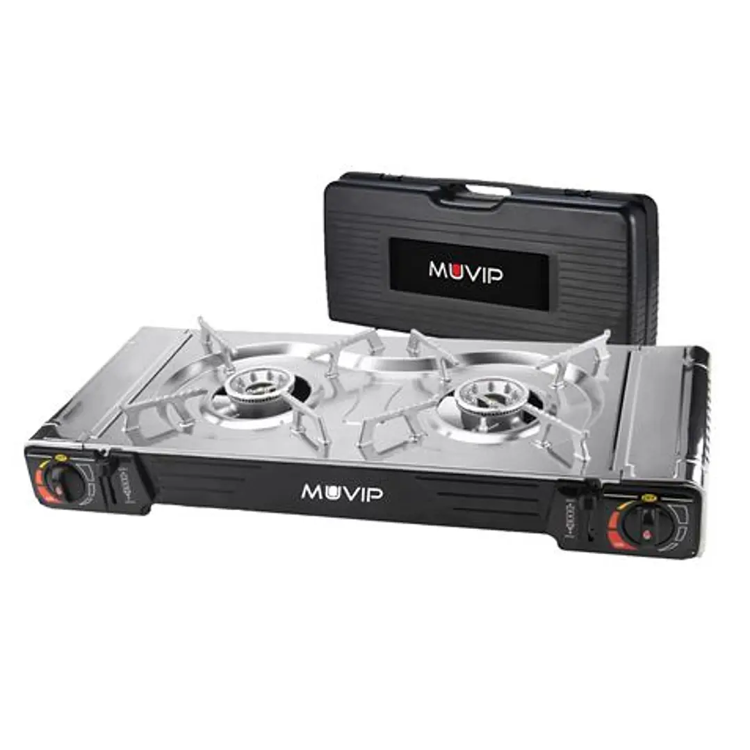 Muvip Cocina de Gas Portatil 2 Fuegos - Doble Bombona - Encendido Automatico - Quemador de Aluminio - Valvula de Doble Sellado - Proteccion Contra Sob 1