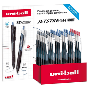 Uni-ball JetStream Sport SXN-150E Expositor con 36 Boligrafos de Tinta Pigmentada - Punta de Bola 1mm - Retractil - Secado Instantaneo - Ideal para Zu