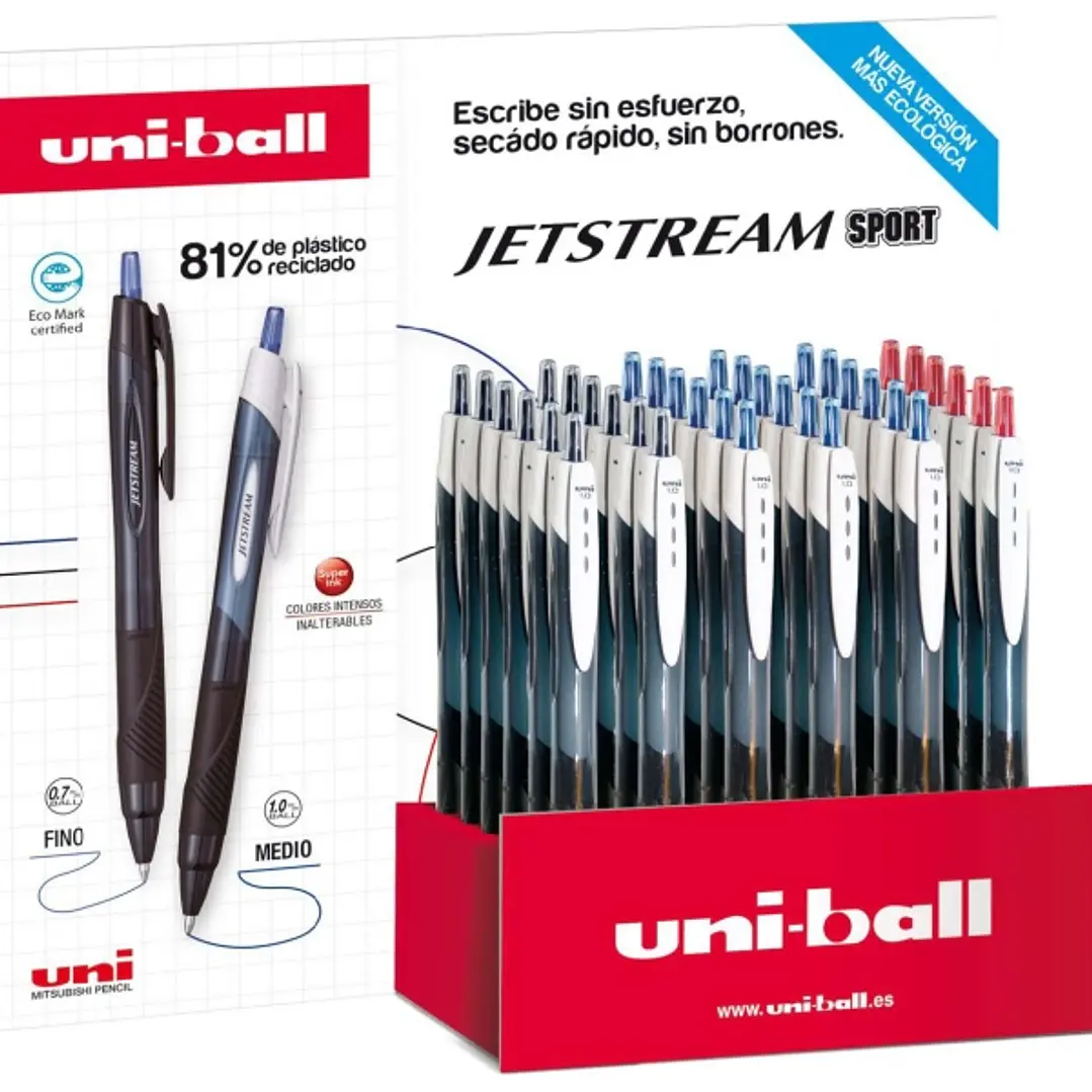 Uni-ball JetStream Sport SXN-150E Expositor con 36 Boligrafos de Tinta Pigmentada - Punta de Bola 1mm - Retractil - Secado Instantaneo - Ideal para Zu 1