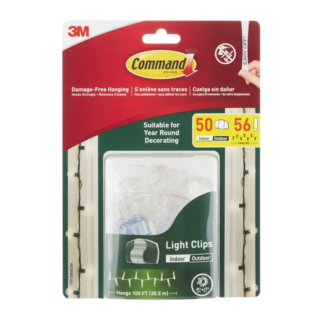 Command Pack de 50 Ganchos para Luces - Sujeccion de Clip - 56 Tiras Adhesivas - Color Transparente 1
