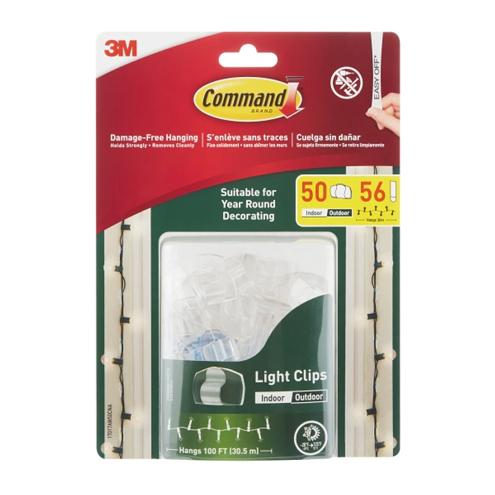 Command Pack de 50 Ganchos para Luces - Sujeccion de Clip - 56 Tiras Adhesivas - Color Transparente 1
