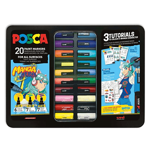 Posca Manga Hero Maleta Metalica con 20 Marcadores de Pintura + 3 Tutoriales - Surtido en Color y Trazo - Punta de Poliester - Tinta Pigmentada Base A