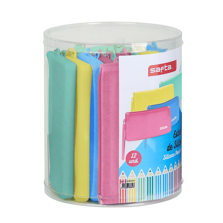 Safta Silicone Glitter Pack de 12 Estuches Planos - Silicona con Purpurina - Caja Cilindrica de PVC Transparente - Flexible - Facil de Limpiar - 195x2 1