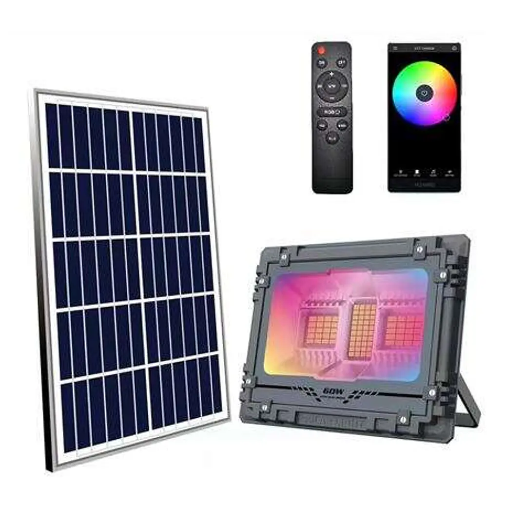 Elbat Foco Solar Led RGB 60W - 515LM - Bluetooth - Bateria 5V/6AH - Control Remoto - IP67 1