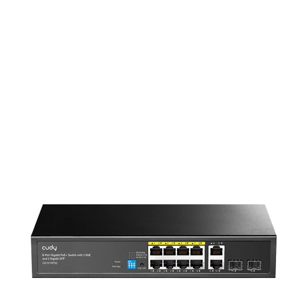 Cudy Switch 12 Puertos - Capacidad Conmutacion 24Gbps - 8x RJ45 PoE+ - 2x RJ45 GbE - 2x Gigabit SFP - Reinicio Automatico - Indicadores LED - 256x170x 1