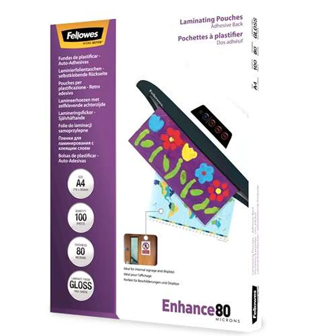 Fellowes Pack de 100 Fundas Autoadhesivas para Plastificar Brillo A4 - 80 Micras - Alta Calidad - Transparente 1