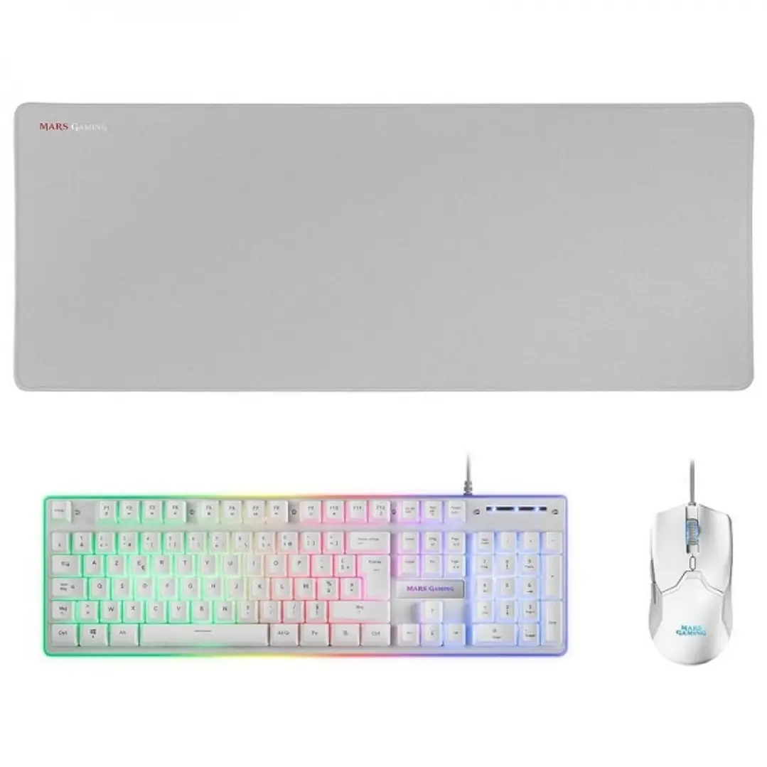 Mars Gaming MCPX Combo Gaming Premium - Teclado H-MECH - Raton 10K DPI - Alfombrilla XXL - Iluminacion FRGB - Multiplataforma - Color Blanco 1