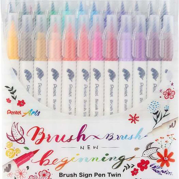 Pentel Brush Sing Pen Twin Pack de 24 Rotuladores con Doble Punta de Pincel Flexible - Punta Ancha 1-4mm, Punta Fina 0,2-2mm - Colores Surtidos 1