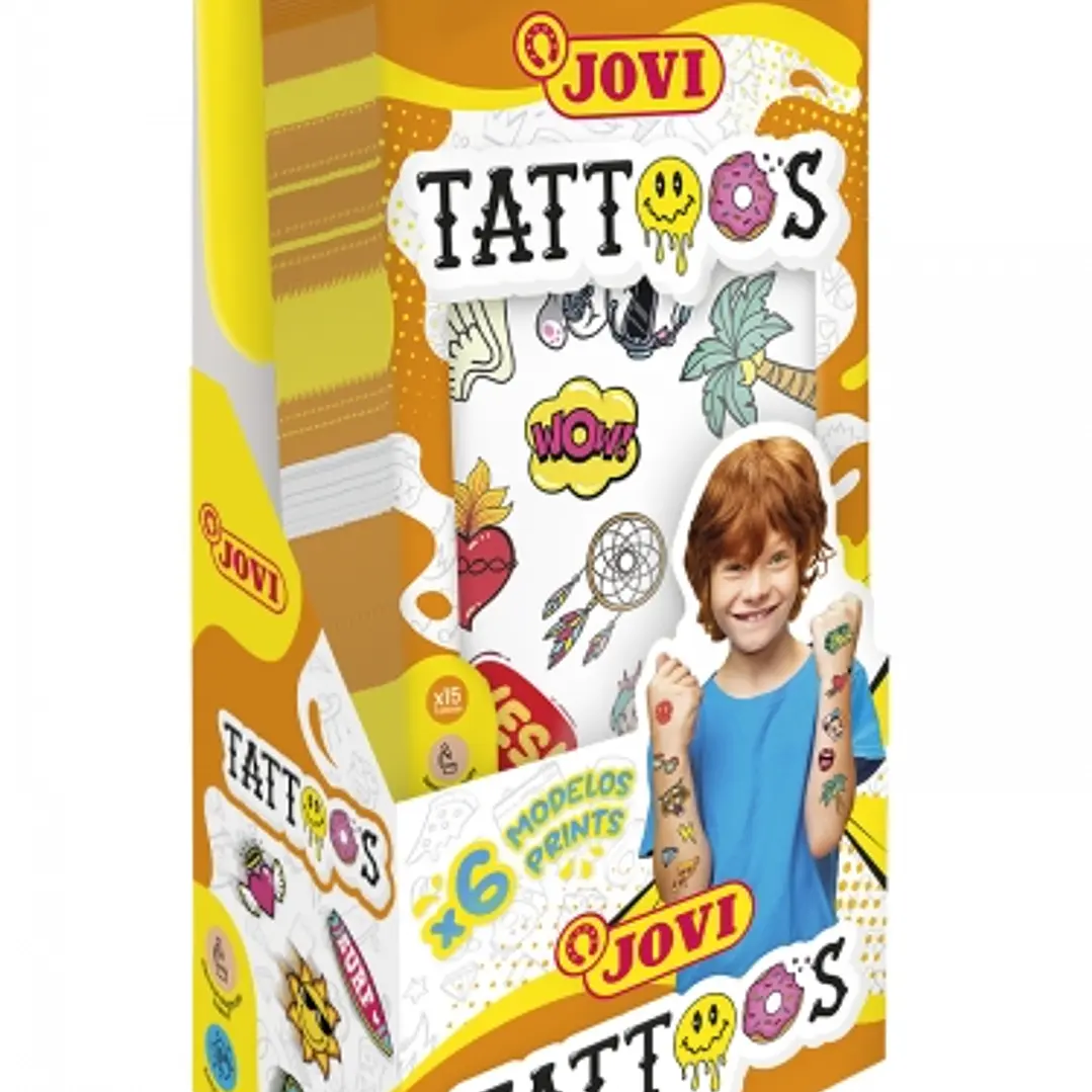 Jovi Expositor con 24 Packs de Tatuajes Temporales - 6 Laminas por Pack - Mas de 80 Motivos - Emoticonos, Animales, Objetos etc... - Sin Parabenos - L 1