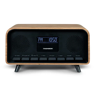 Thomson RT850BT Altavoz Retro Bluetooh - Radio Reloj Despertador - Potencia musical 30W - Color Madera/Negro