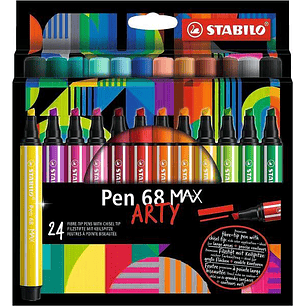 Stabilo Pen 68 MAX Arty Pack de 24 Rotuladores - Punta de Fibra Biselada - Trazo entre 1-5mm aprox. - Tinta a Base de Agua - Colores Surtidos