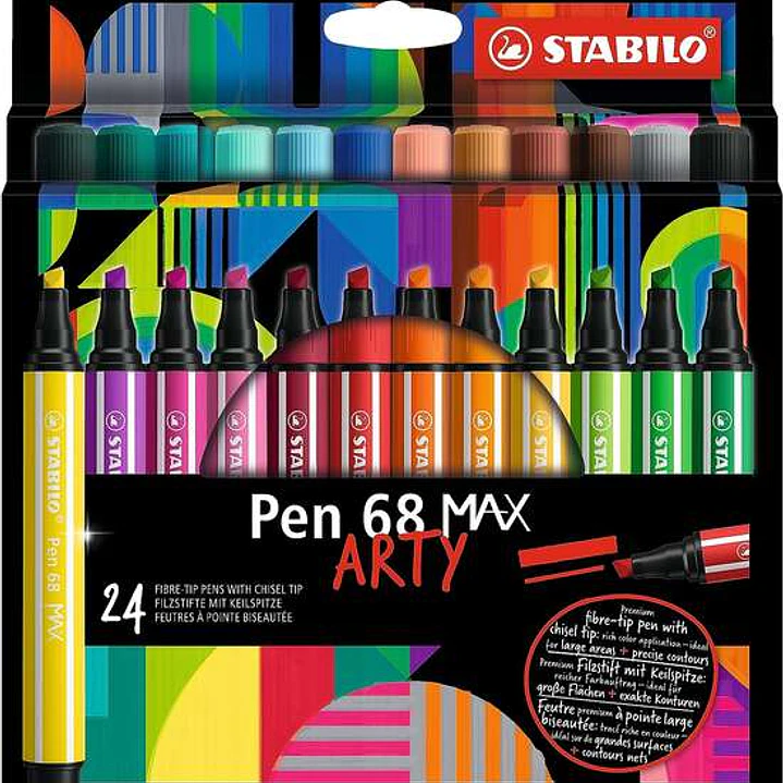 Stabilo Pen 68 MAX Arty Pack de 24 Rotuladores - Punta de Fibra Biselada - Trazo entre 1-5mm aprox. - Tinta a Base de Agua - Colores Surtidos 1